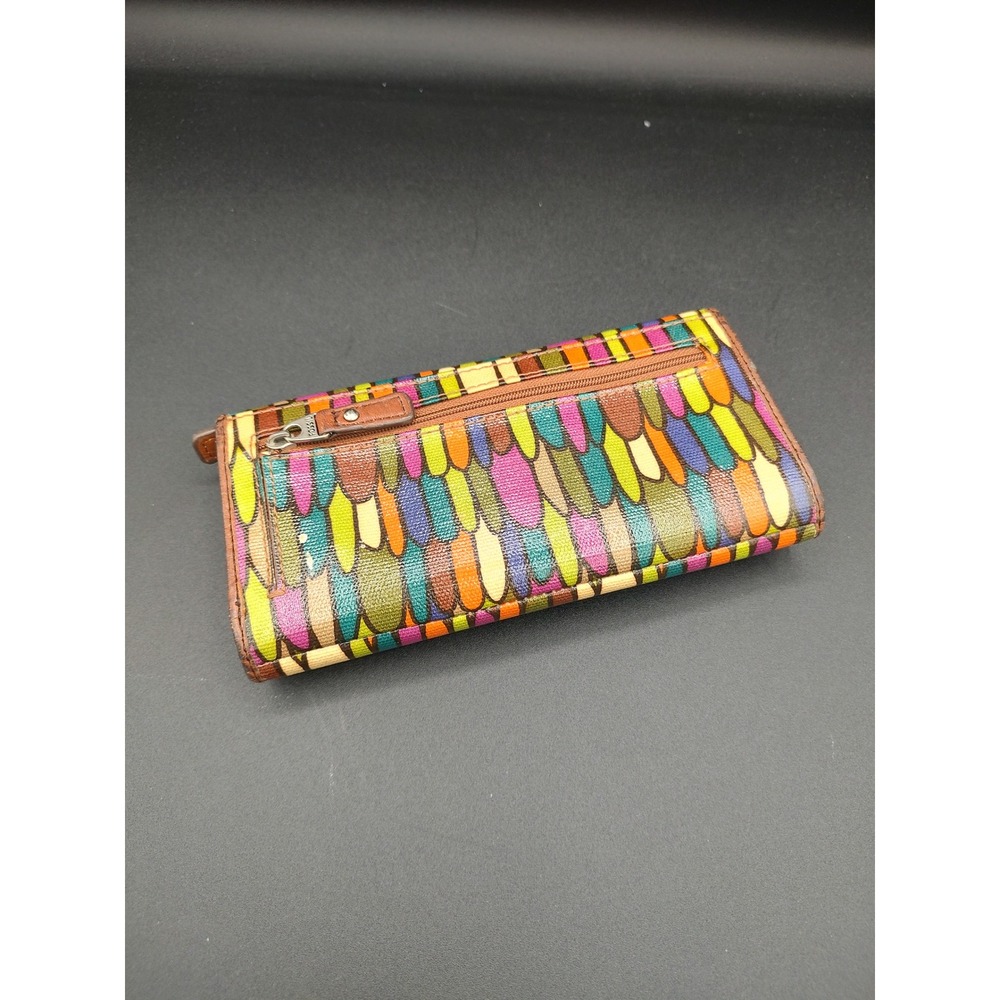 Fossil Key-Per Trifold Wallet Multicolor Abstract Teardrop Leather Trim Brown - Picture 2 of 11